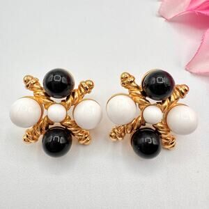 Vintage Monet Maltese Cross Black White Bauble Gold Tone Earrings MCM Signed